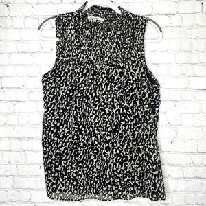 Rose & Olive Black and Cream Leopard Print Sleeveless Smocked Neck Blouse